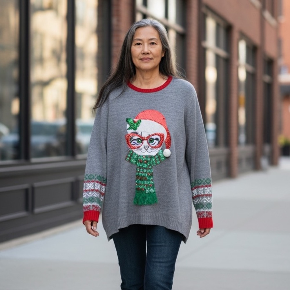 Festive‎ Gray Sweater with Cat Design and Red Accents